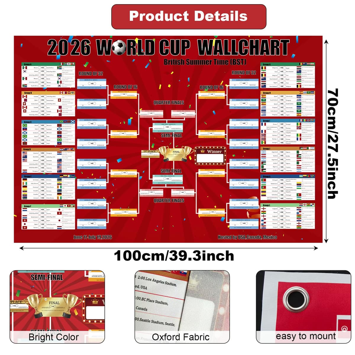 Flankor Extra Large World Cup Wall Chart 2026, 100×70cm World Cup Football 2026 Schedule Poster, Football Party Decorations for Home Office Bar Club Decorations Great Gifts for Soccer Fans — view 2