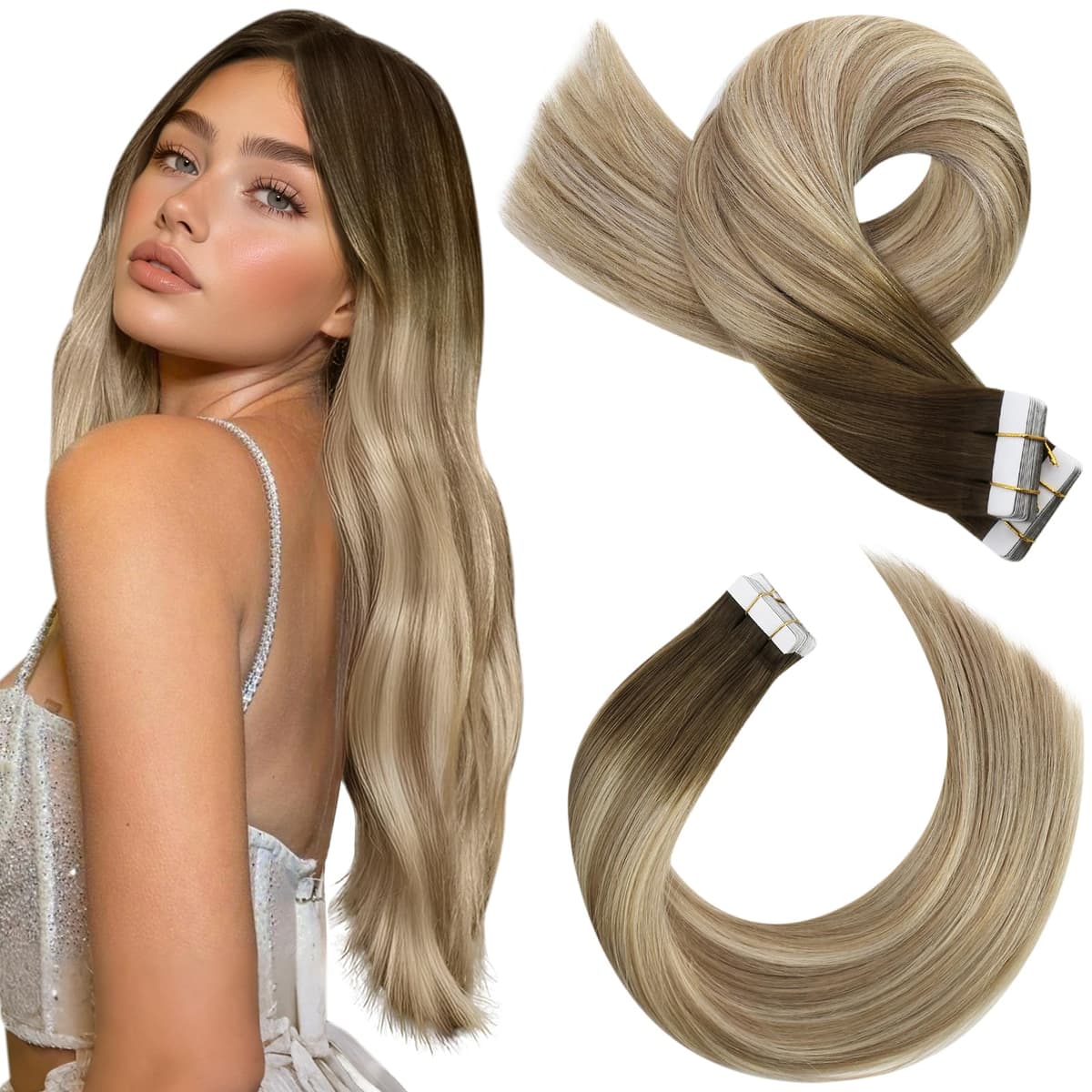 Moresoo Tape in Human Hair Extensions 20 Inch Highlight 50g/20pcs Tape in Hair Extensions Human Hair Ash Blonde with Platinum Blonde #P18/613 — view 48
