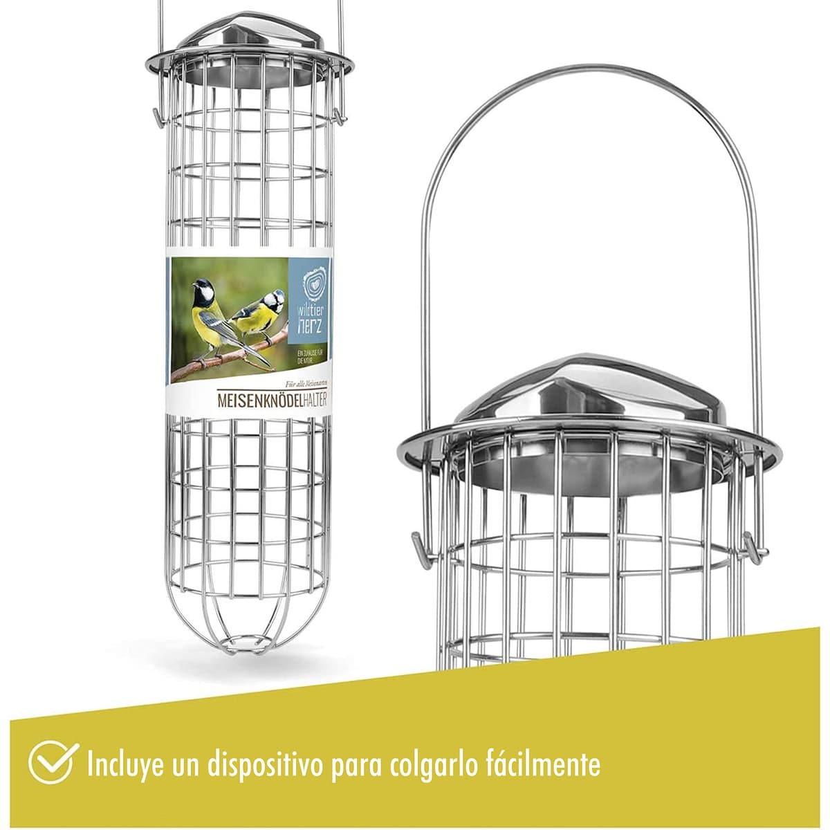 Wildtier Herz Soporte de Comida para Aves Silvestres, Comedero para pájaros, Soporte para Bolas de Grasa, 31cm de Acero Inoxidable Alemana, Color Plateado — view 5