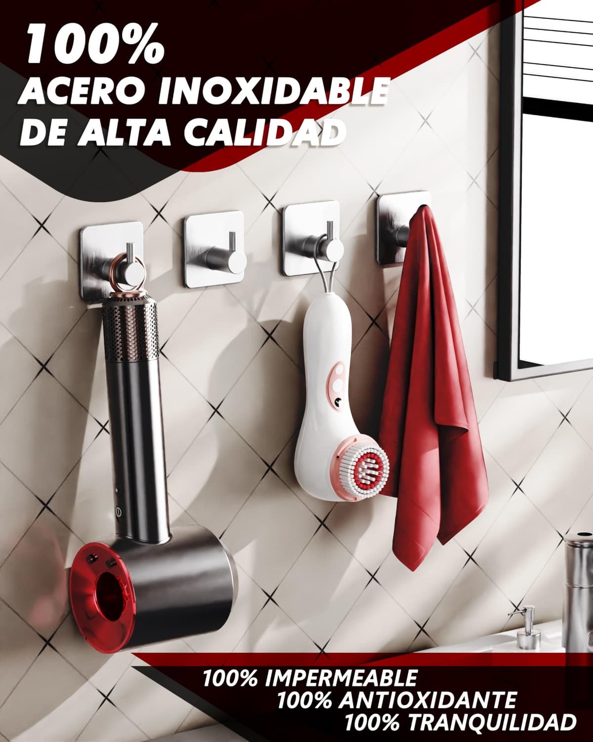 Auxmir Ganchos Adhesivos para Pared, Acero Inoxidable Colgador Toallas sin Taladro, Toalleros Autoadhesivo Extrafuerte para Baño Cocina Albornoz Trapos, Gris, 6 Piezas — view 2