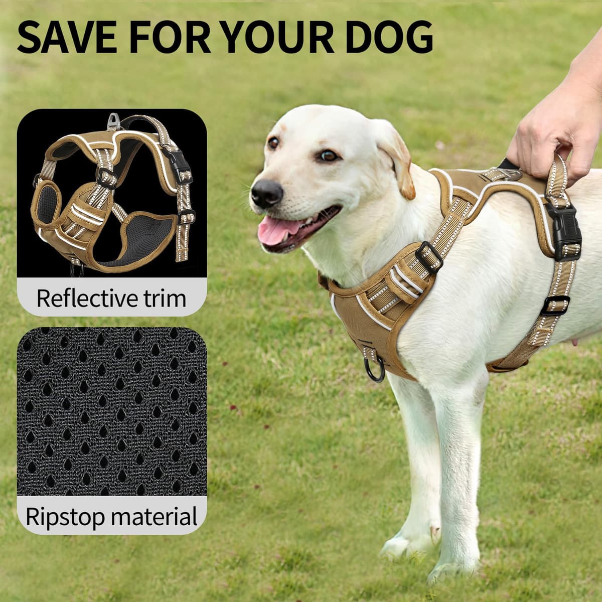 HEELE Arnes para Perro Arnés de Pecho Perro Antitirones con Asa Acolchado Transpirable Ajustable Reflectante Arnés para Perros Camuflaje para Perro Mediano Grande, Caqui, L — view 4