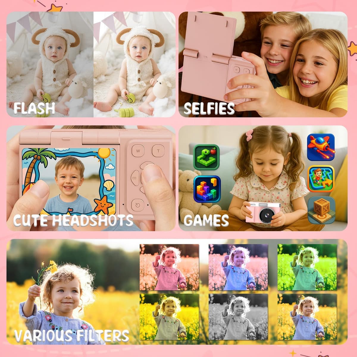 Kids Digital Camera FHD 1080P Digital Camera For Kid With 32GB Card,2'' Flip 180 ° Screen With Support For Selfie Vlog Cam,Compact Camera With Flash,Birthday for Kids Boys Girls. — view 4