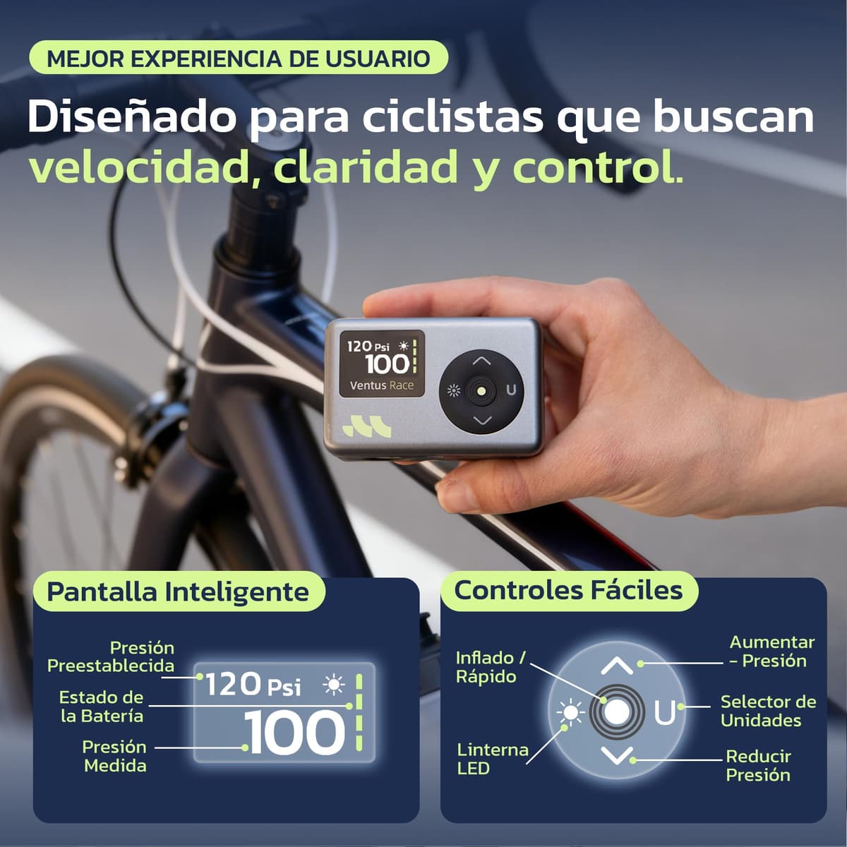 Woowind Inflador Bicicletas Inflador Electrico con Manómetro, Inflado Rápido 50s, 120 PSI, Mini Bomba de Aire Bicicleta, con válvulas Presta y Schrader para Todas Las Bicicleta — view 5