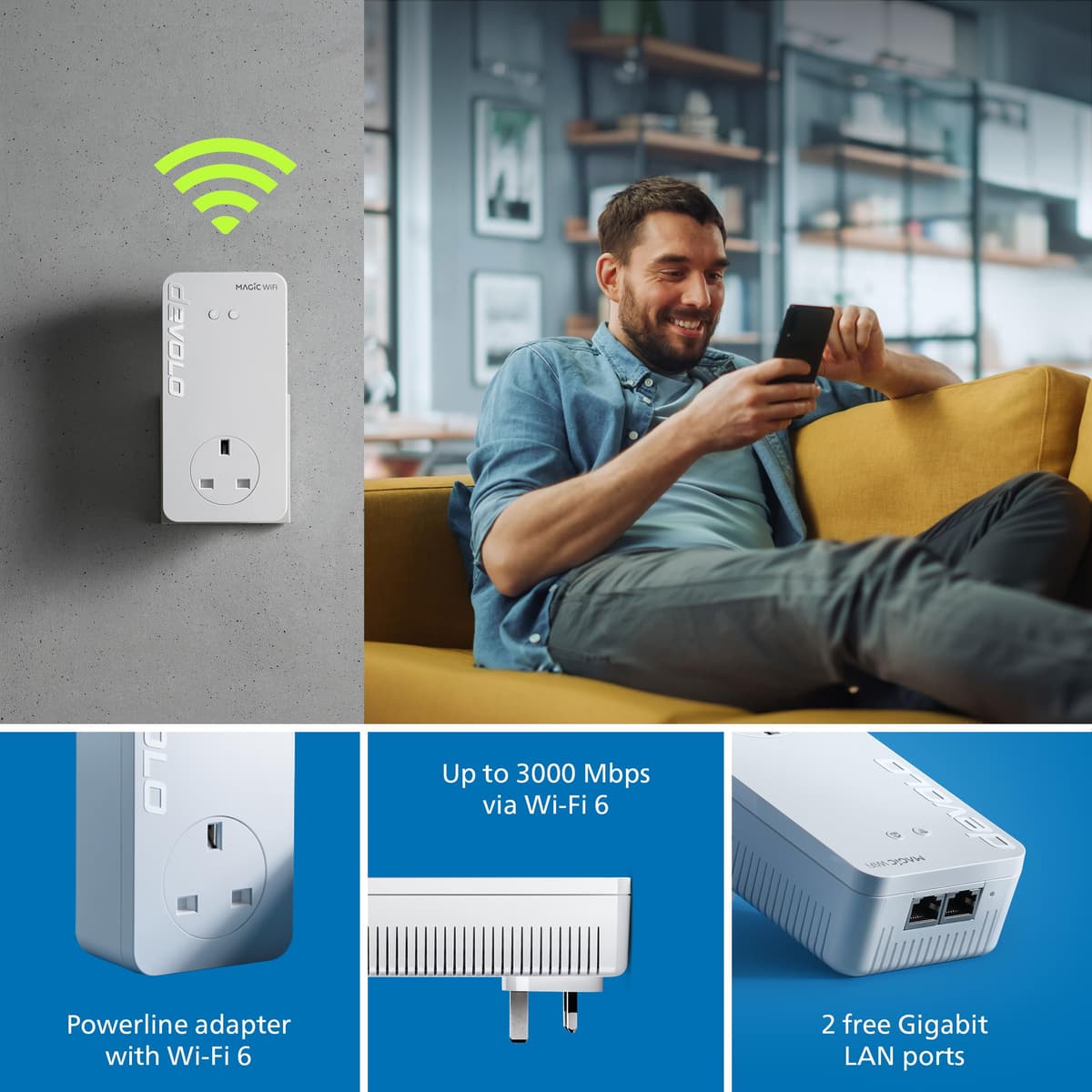 devolo Magic 2 WiFi 6 next Starter Kit, Wi-Fi Powerline adapter, up to 3,000 Mbps via Wi-Fi 6, Mesh Wi-Fi, 2x Gigabit Ethernet port, white — view 2