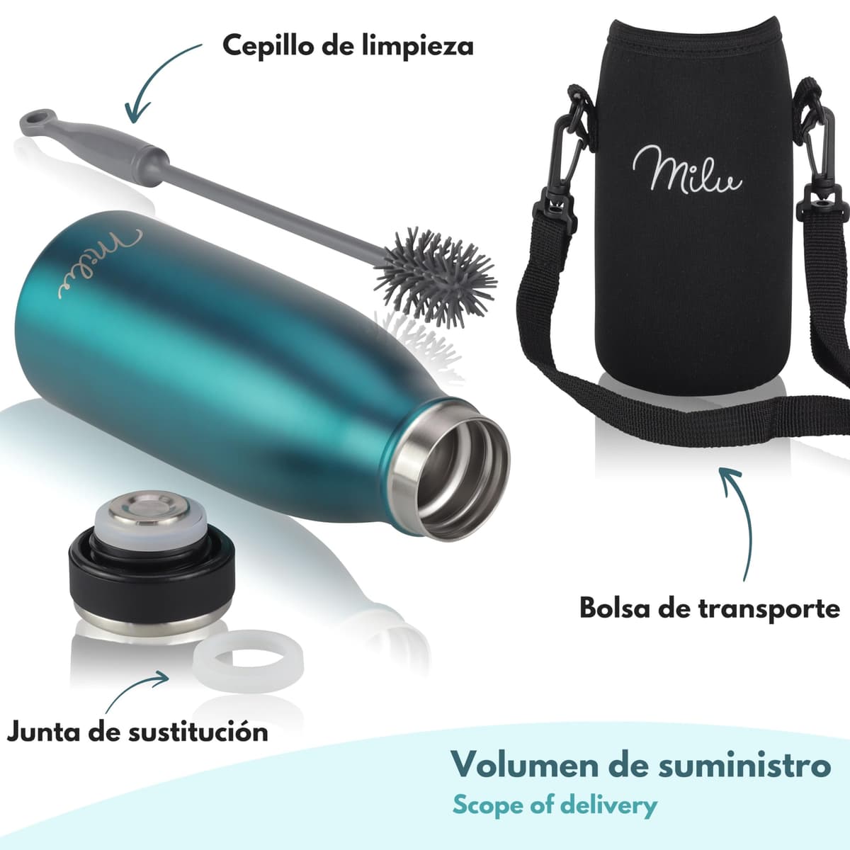 Milu Botella de acero inoxidable de 350ml 500ml 750 ml 1 L 1,5 L botella de agua aislada, termo a prueba de fugas, doble pared, apta para ácido carbónico + cepillo de limpieza (Azul Violeta, 350ml) — view 186