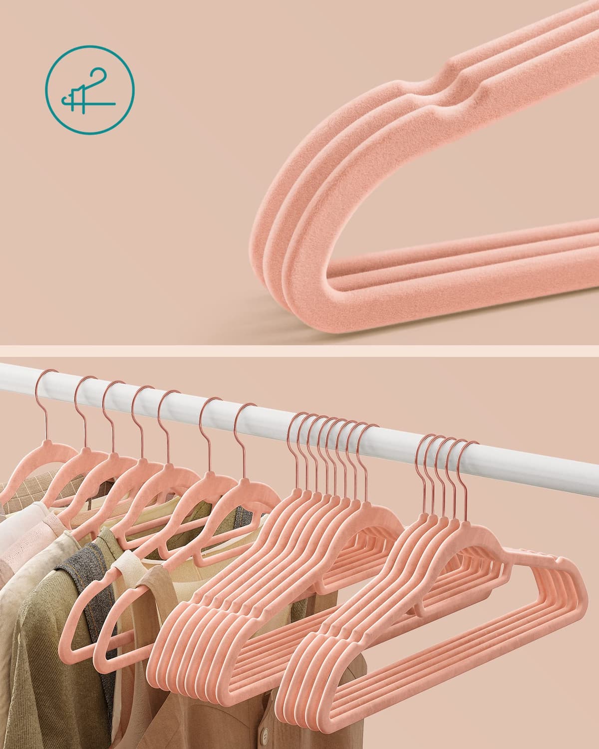 SONGMICS Percha de Terciopelo, Juego de 50, Antideslizantes, con Barra Corbata y Gancho Oro Rosa, 0,6 cm Espesor, Ahorra Espacio, 43,5 cm Largo, Abrigo Pantalón, Rosa Coral CRF21PK50 — view 3