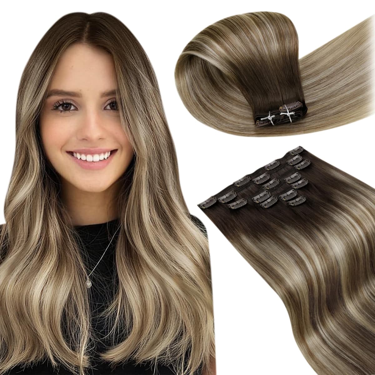 LaaVoo Hair Extensions Clip in Real Human Hair Brown Clip in Hair Extensions Dark Brown Remy Straight Hair Full Head Double Weft 80g 5pcs 14 Inch #4 — view 43