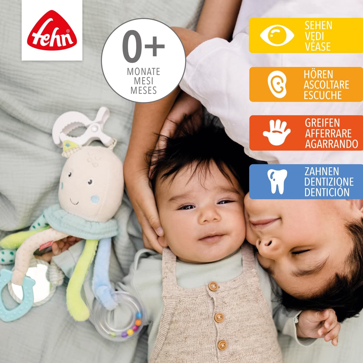 Fehn pulpo de actividades - juguete para desarrollar la motricidad para cochecitos, cunas y sillas de bebé - para morder, agarrar y hacer ruido - Para bebés y niños pequeños a partir de 0 meses — view 2