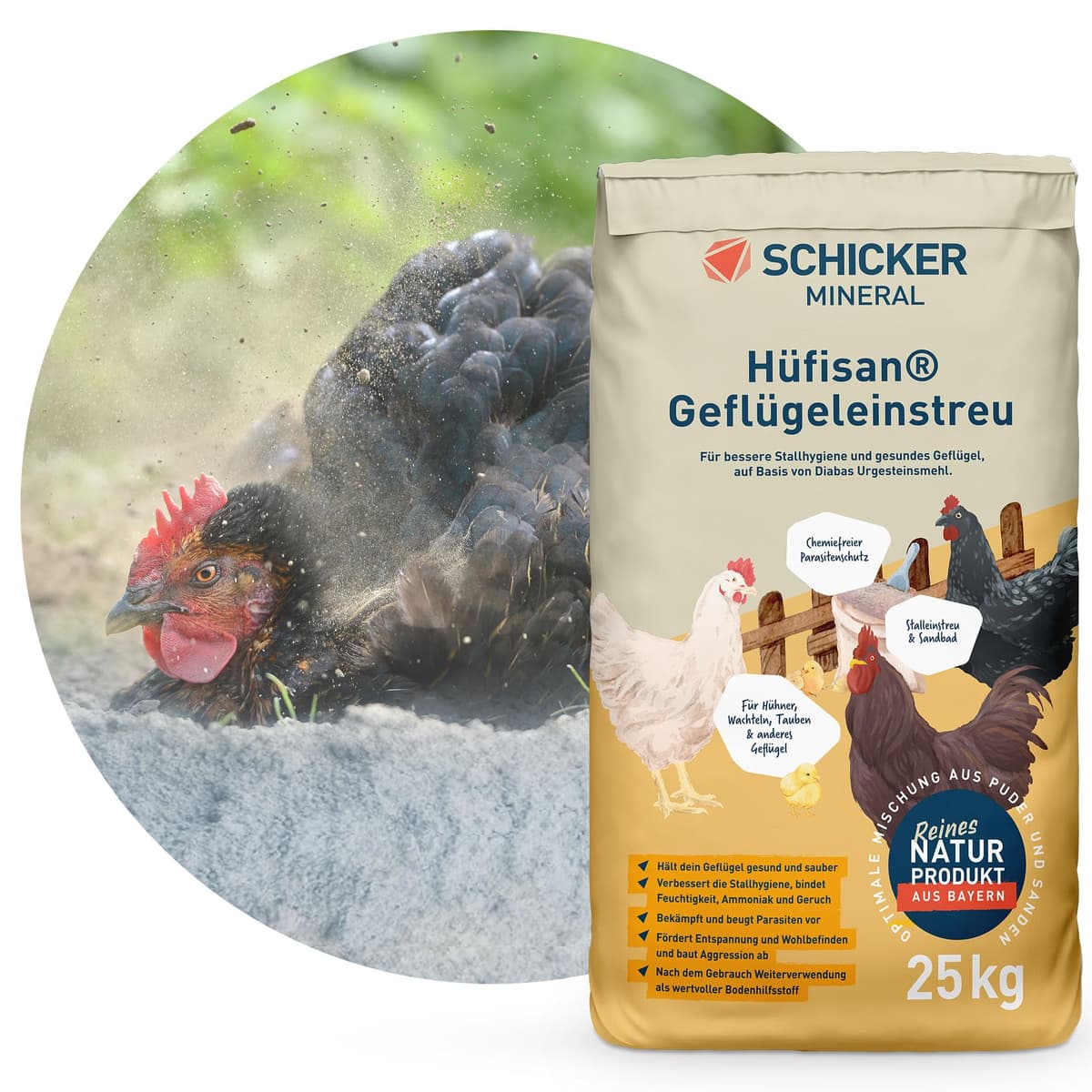 Schicker Mineral Hüfisan lecho Mineral para gallinero y baño de Polvo, Arena para gallinas y Aves, Polvo de Roca diabásica Natural, Reduce Humedad y olores, Reutilizable en Compost, Saco 25 kg
