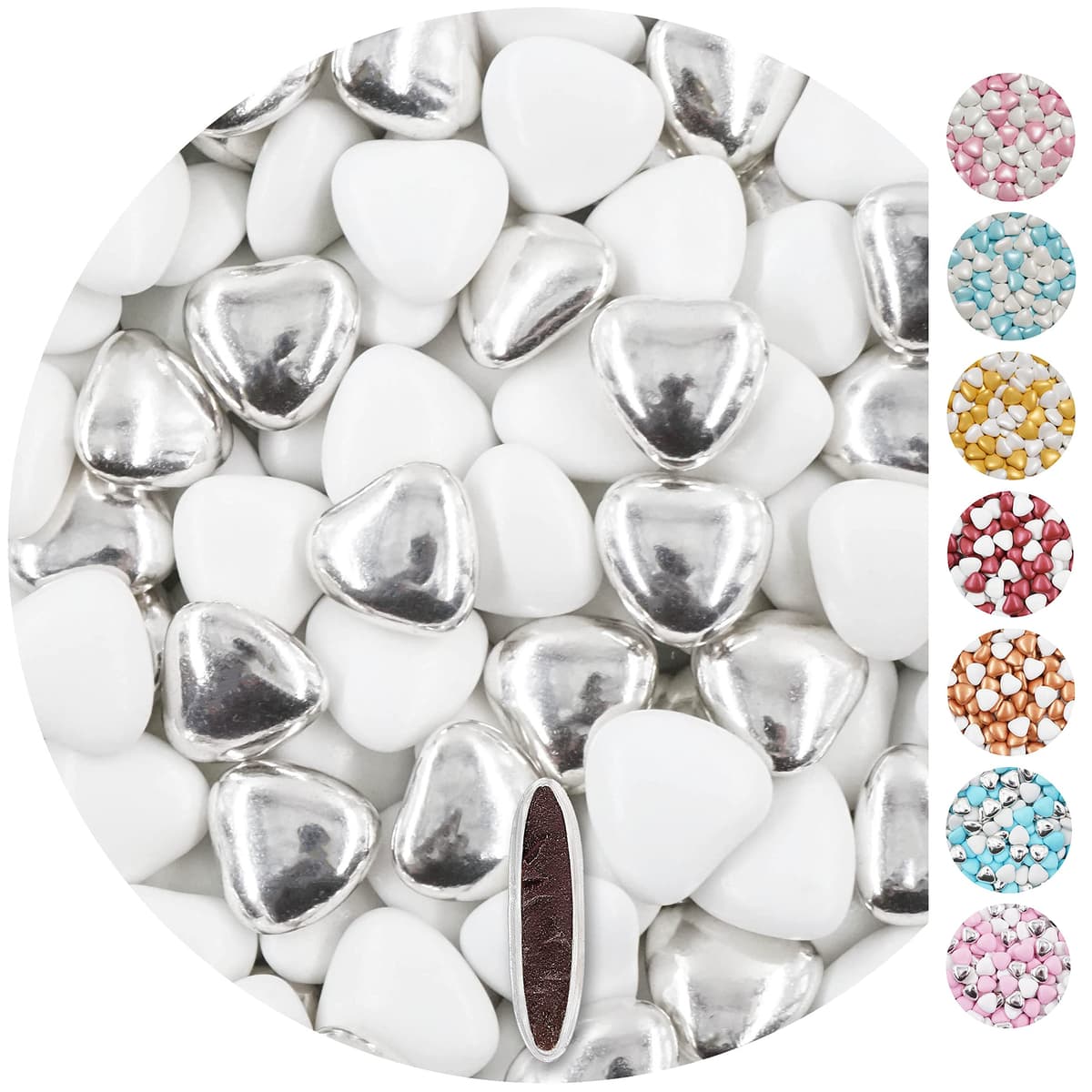 EinsSein 1kg Corazones de Chocolate boda bautizo Mezcla medio blanco-plata brillante corazon amor formas bombones confeti peladillas candy bar cumpleaños niños regalos Tradición italianas botes
