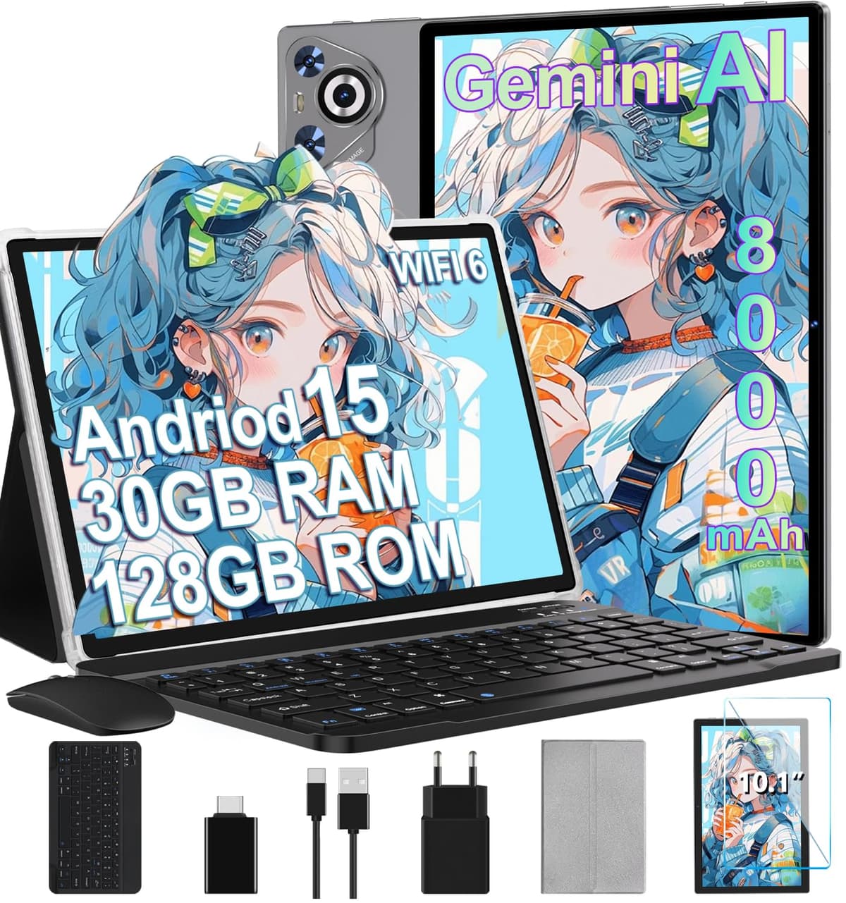 Tablet 10 pollici Android 14, 22GB RAM 128GB ROM/TF 1TB, Octa-Core, 8000mAh, Corpo in Metallo, Face ID, Doppio WiFi, 8MP+5MP, Widevine L1, Protezione Occhi, Tastiera, Mouse, Blue — view 5