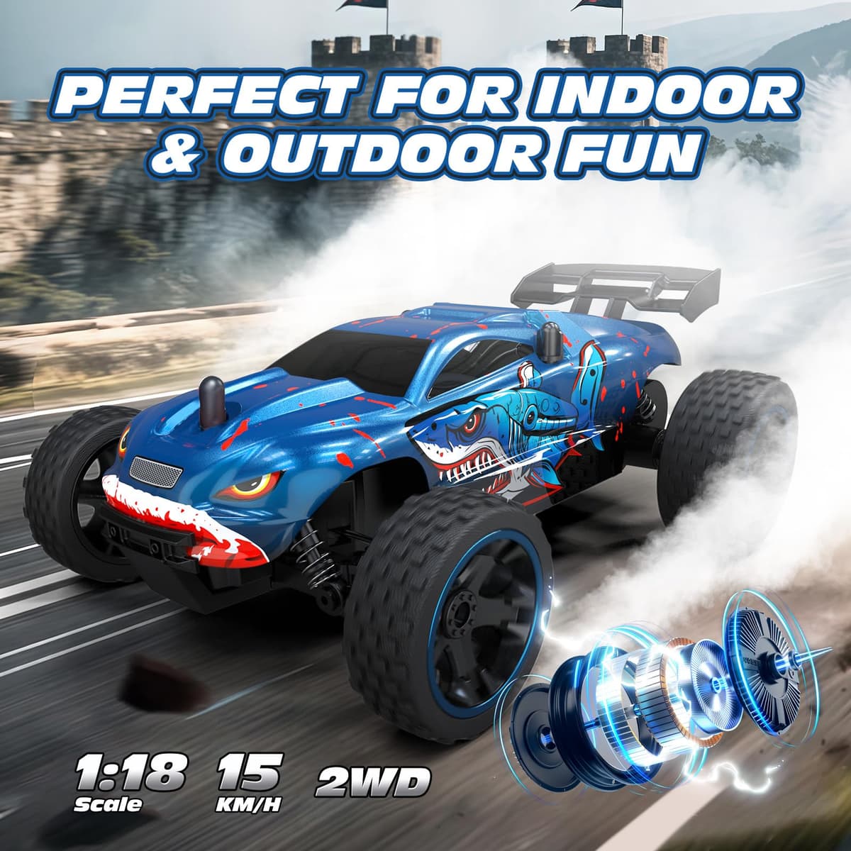 Tecnock - Coche teledirigido a distancia, escala 1:18, camión RC 2WD todoterreno 2.4GHz con luces LED, recarga USB-C fácil, 50 min de juego, juguete regalo para niños 8-12 años niños y niñas — view 3