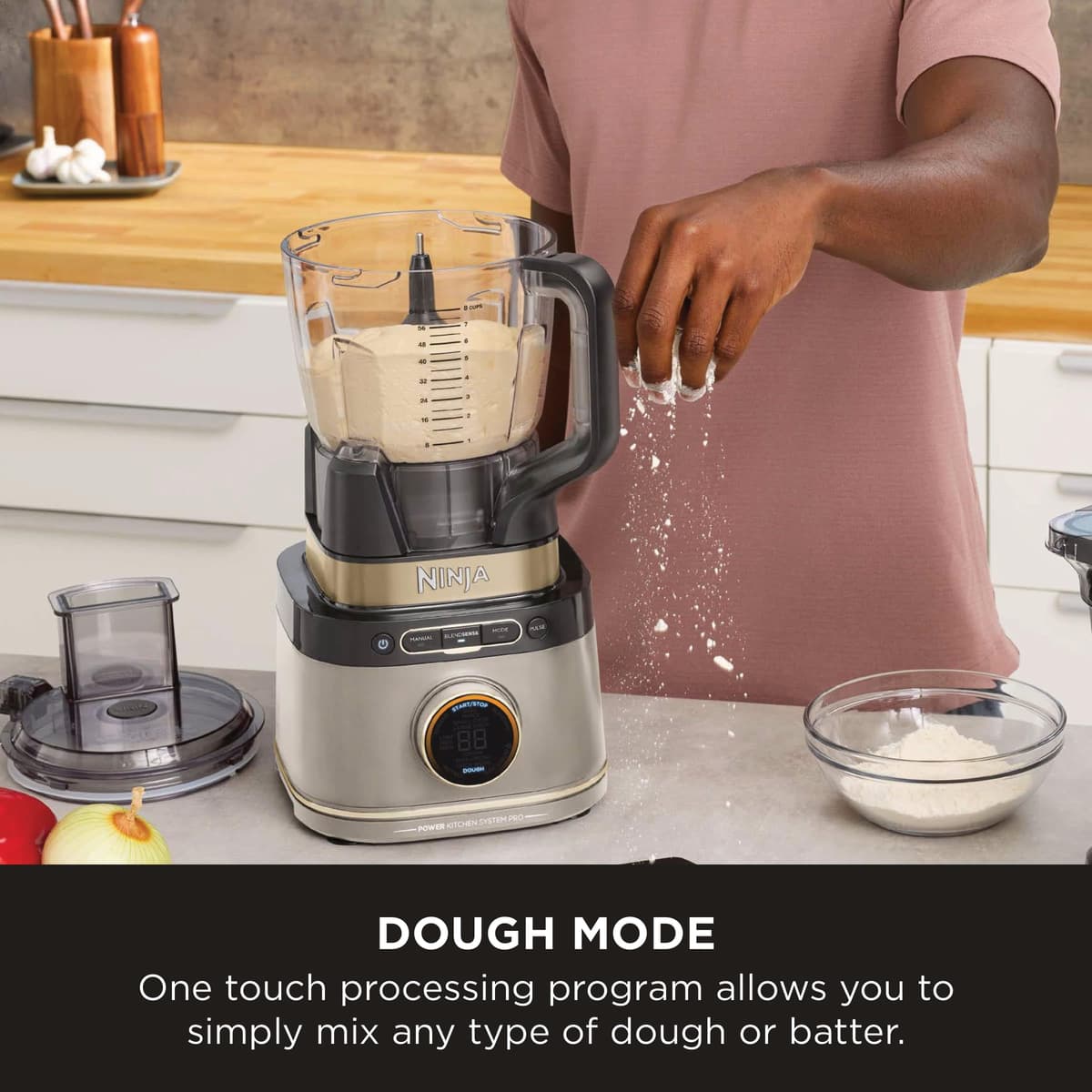 Ninja 3-in-1 Detect Power Blender Processor Pro, Powerful 1200W Blender, Food Processor Bowl, Dough Blade, 2x Single Serve Cups, Jug, Make Pizza Dough, Blend, Chop & Mix, Stone Gold, TB401UKSTGD — view 16