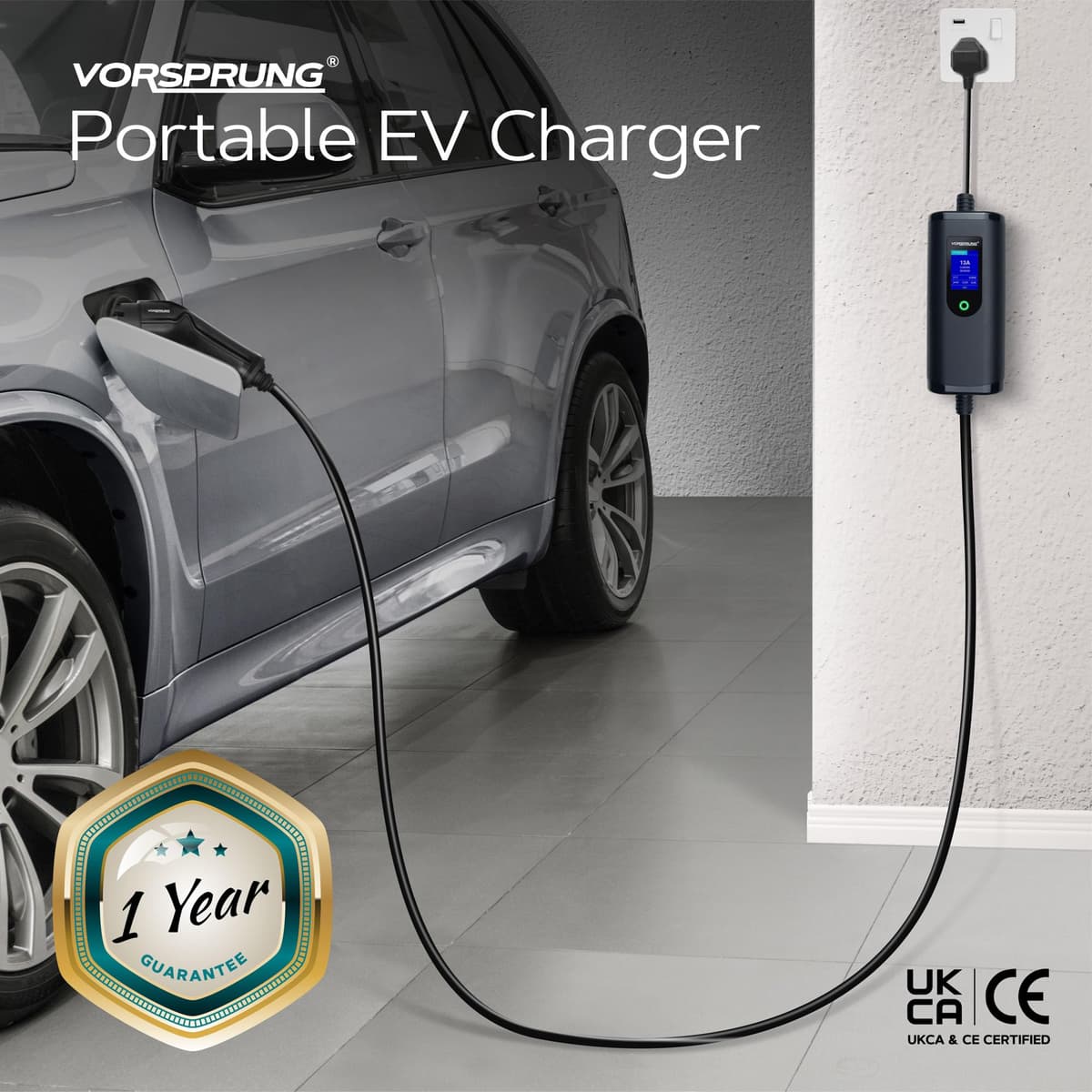 VORSPRUNG® Portable EV Charger Type 2 with 8 Metre 8M Controllable Digital Screen (UK Plug 3 pin), Electric Vehicle Portable Charging Cable Type 2 (type 2 female), 8/10/13A FREE Carry Case (8M) — view 5