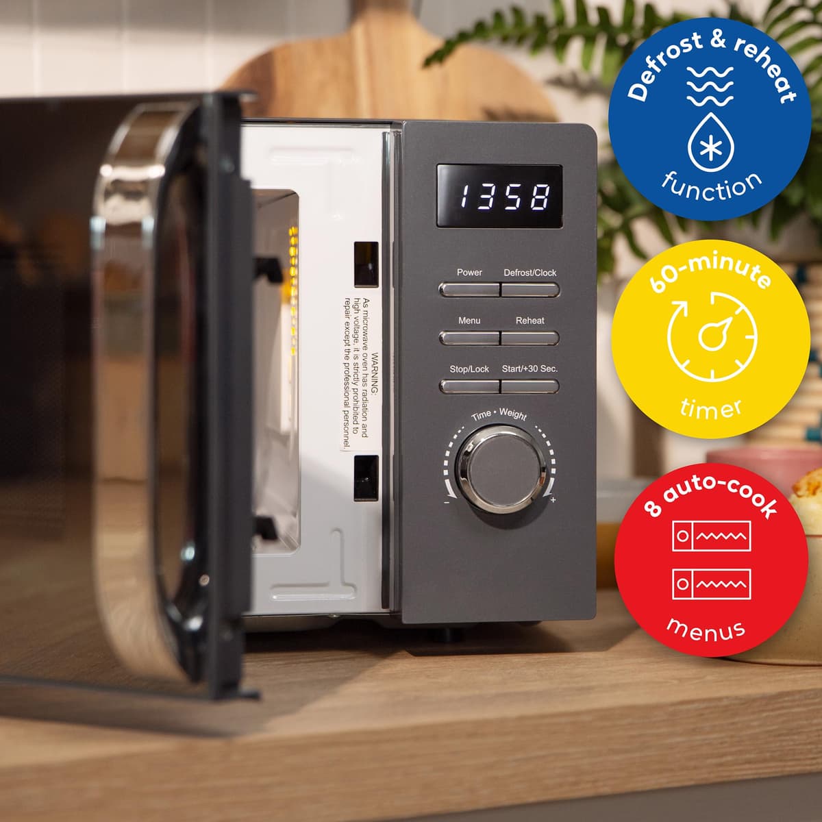 Russell Hobbs Digital Microwave 20L 800W in Grey with 5 Power Levels, Pull Handle Door & Button Control, Clock & Timer, Automatic Defrost, Easy Clean, 8 Auto Cook Menus RHMD818G — view 5