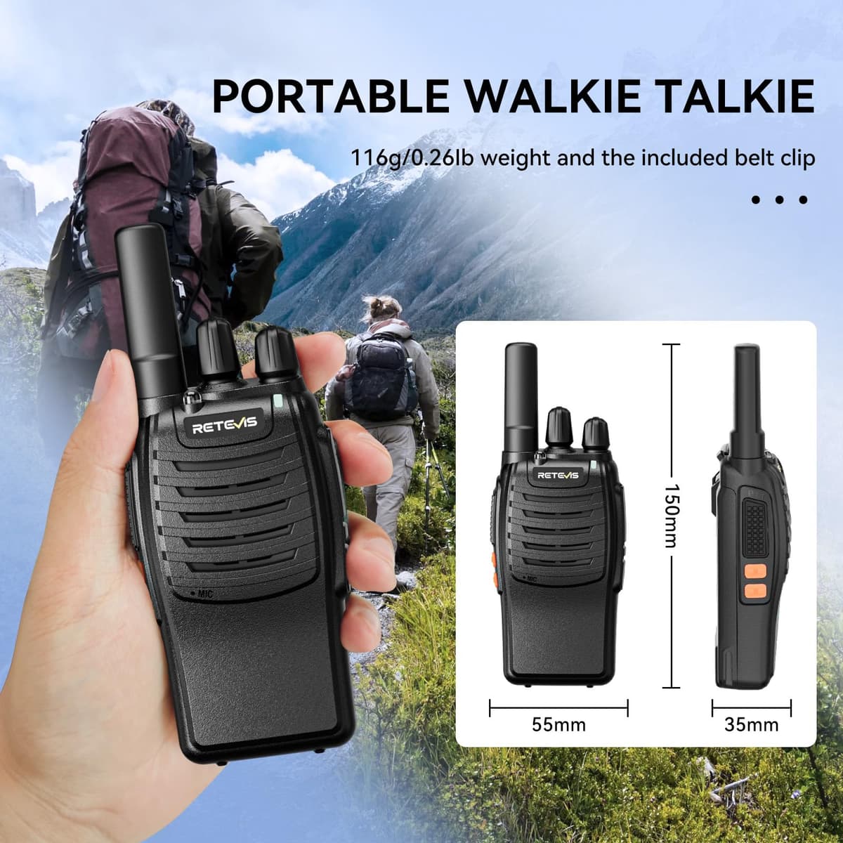 Retevis H777 Walkie Talkie, Portable PMR446 Radio Walkie Talkies for Adults, Easy of Use, USB A-Type C, VOX, Flashlight, Walkie Talkies 3 Pack for Family, Cycling, (Black, 3Pcs) — view 5