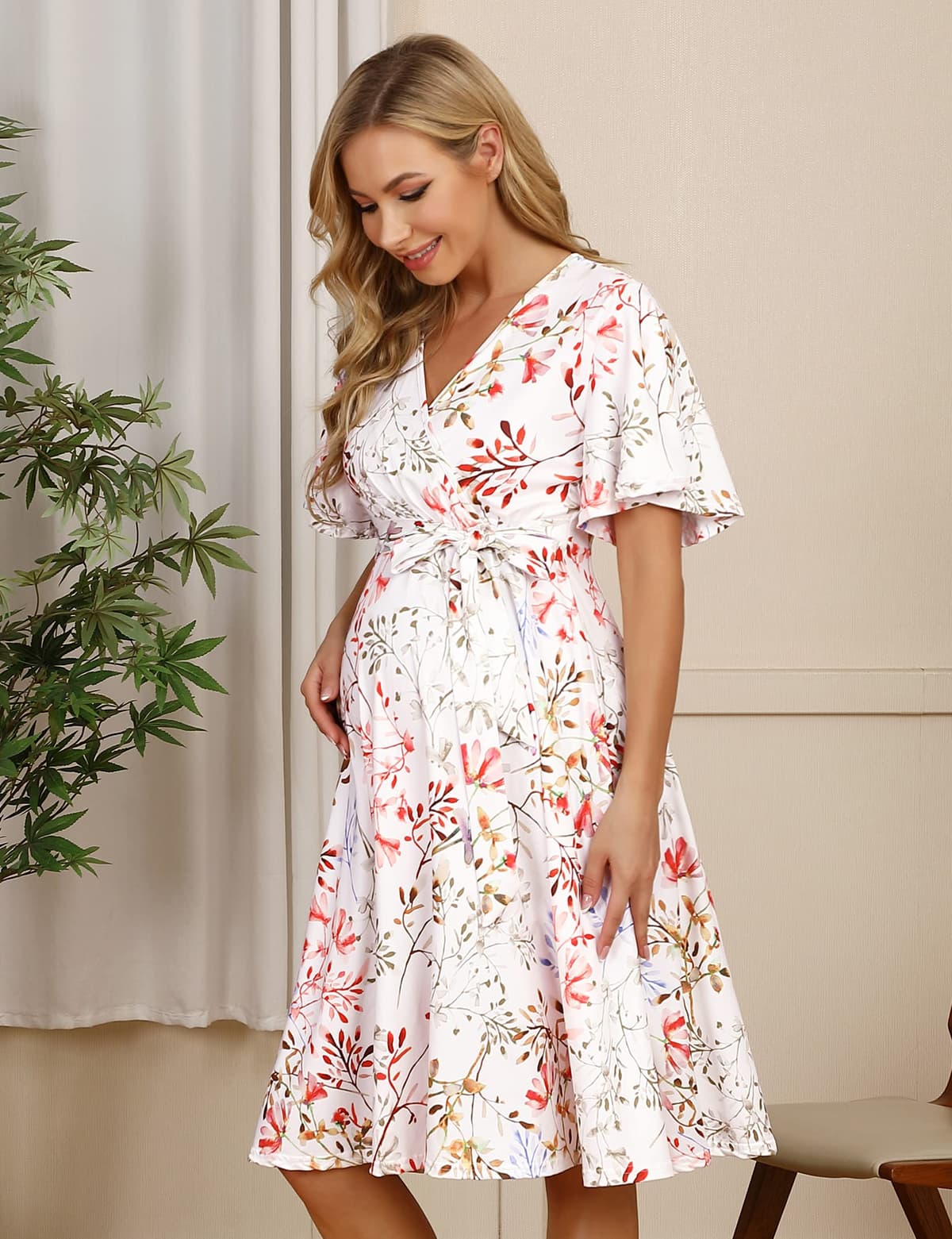 KOJOOIN Womens Maternity Dress Nursing Dresses Pregnancy Dress Breastfeeding Dress 3/4 Sleeve A-Line V-Neck Dress — view 5