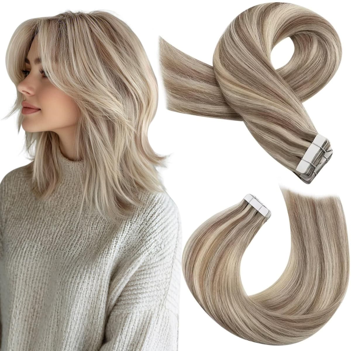 Moresoo Tape in Human Hair Extensions 20 Inch Highlight 50g/20pcs Tape in Hair Extensions Human Hair Ash Blonde with Platinum Blonde #P18/613 — view 53