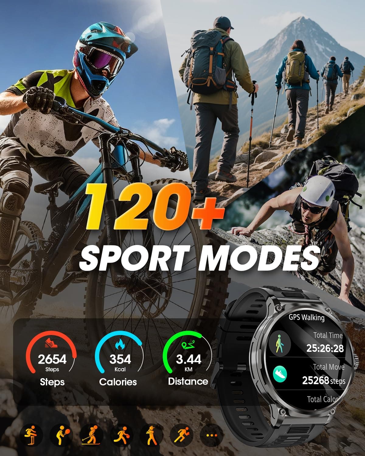 Reloj Inteligente Hombre con 1000mAh Batería, 1.92" AMOLED, 5ATM Impermeable Smartwatch Militar con Llamadas, 120+ Modos Deportivos, 24/7 Pulsómetro/Sueño/Podómetro Pulsera Actividad Android iOS Negro — view 4