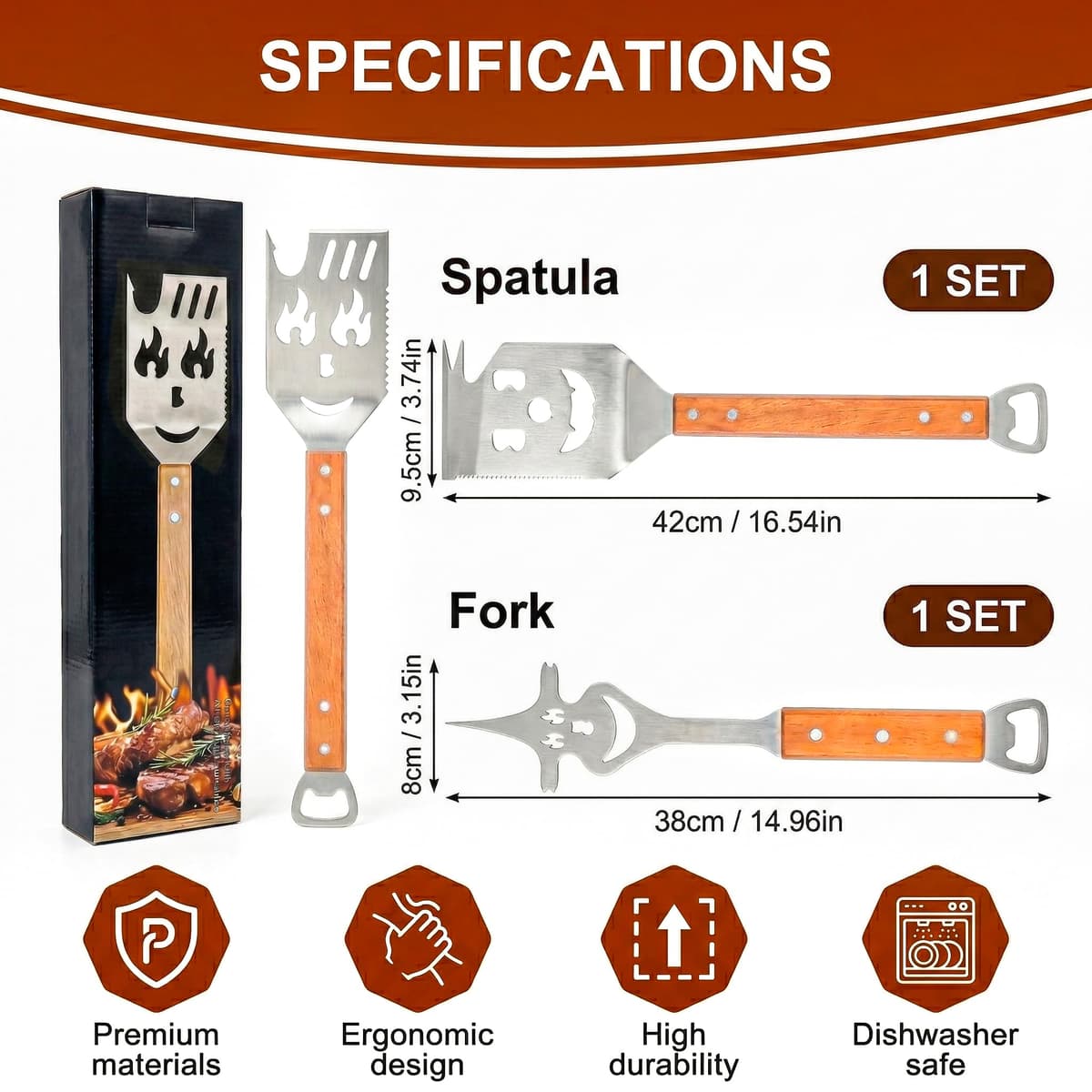 8 in 1 Multifunction BBQ Tools Set, Stainless Steel Spatula with Wooden Handle, Fork & Bottle Opener, BBQ Accessories & BBQ Gifts for Men, Gifts for Dad/Husband — view 4