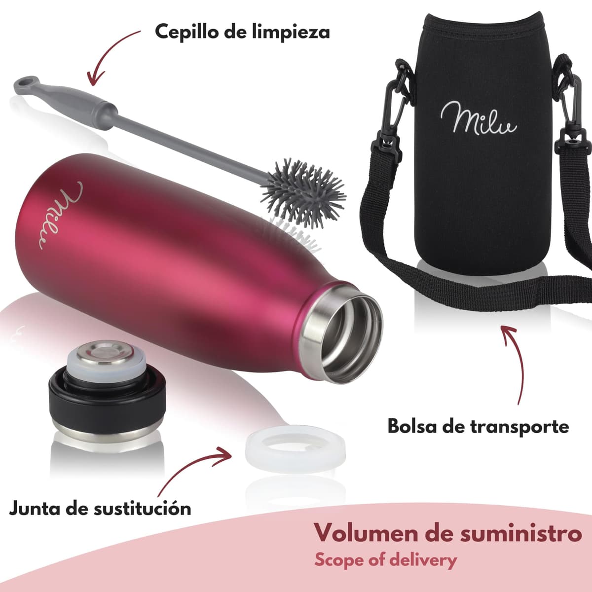 Milu Botella de acero inoxidable de 350ml 500ml 750 ml 1 L 1,5 L botella de agua aislada, termo a prueba de fugas, doble pared, apta para ácido carbónico + cepillo de limpieza (Azul Violeta, 350ml) — view 42