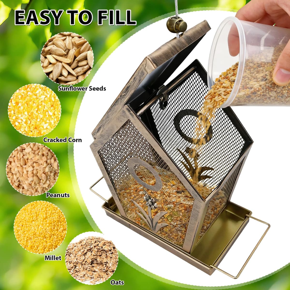 Comedero para pájaros de metal colgante para pájaros silvestres, resistente al agua, pequeño comedero para pájaros, capacidad de 1,1 kg, para pájaros silvestres, jardín, patio — view 5