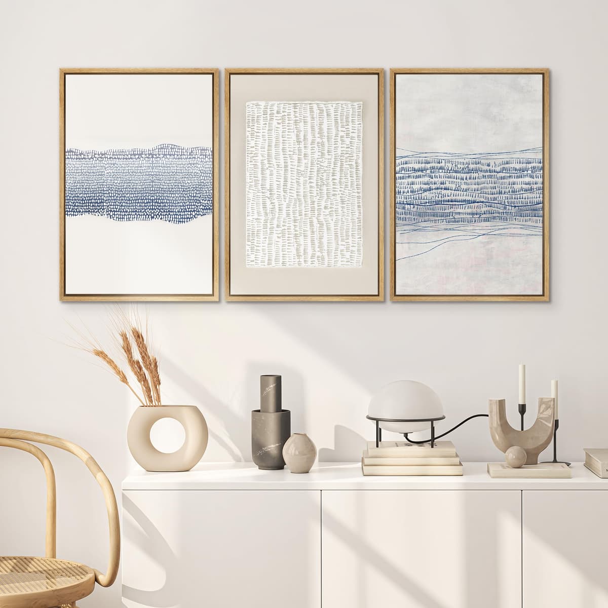 SIGNWIN Framed Canvas Print Wall Art Set Blue White Grunge Geometric Pattern Abstract Shapes Cozy Neutral Decorative Contemporary Minimal for Living Room, Bedroom, Office - 24"x36"x3 Natural — view 3