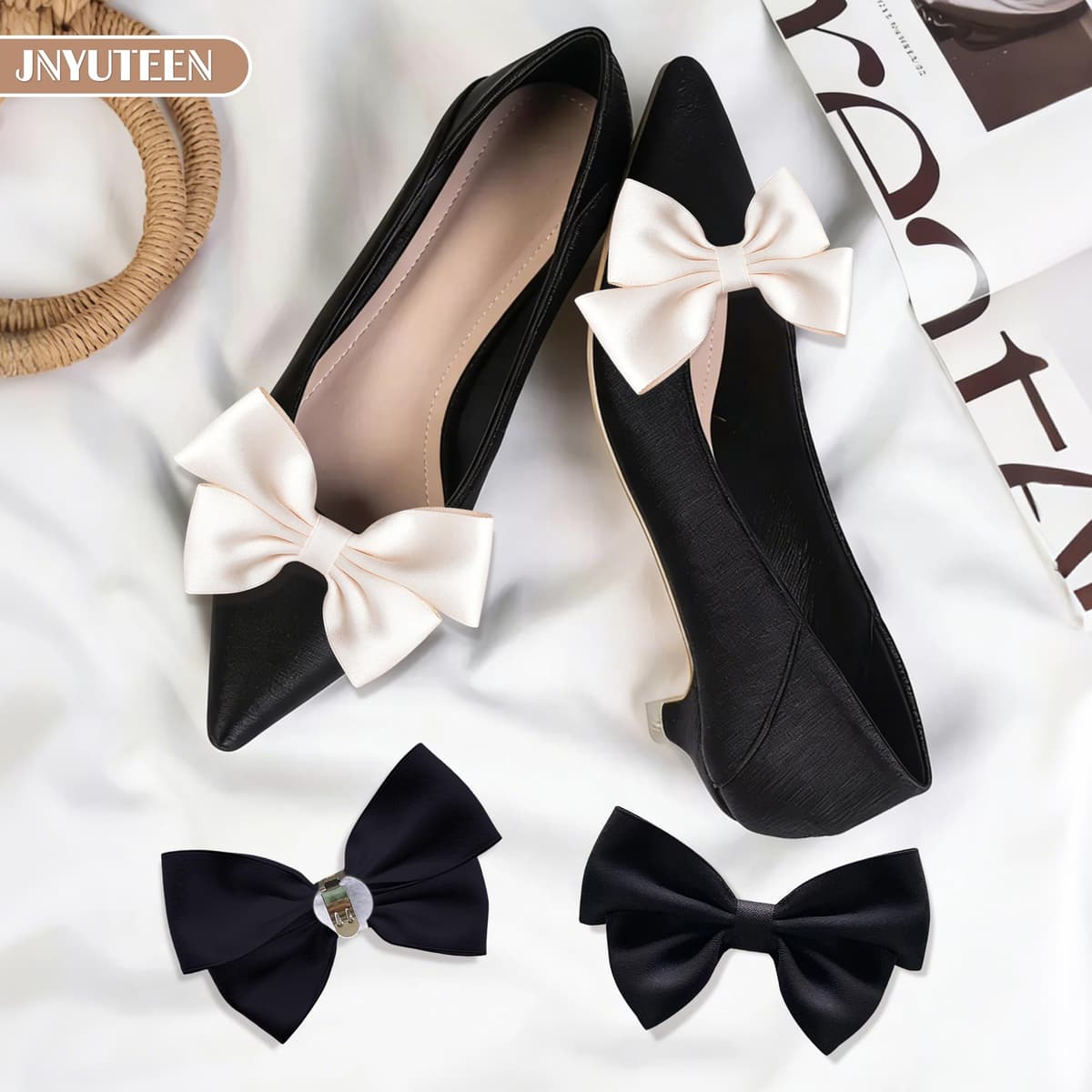 2 Pares Clips de Lazo para Zapatos, Negro Blanco Lazo Extraíble Clips para Zapatos Mujer, Clips de Satén Decorativos para Zapatos de fiestas Tacones Bailarinas Salones Ropa — view 4