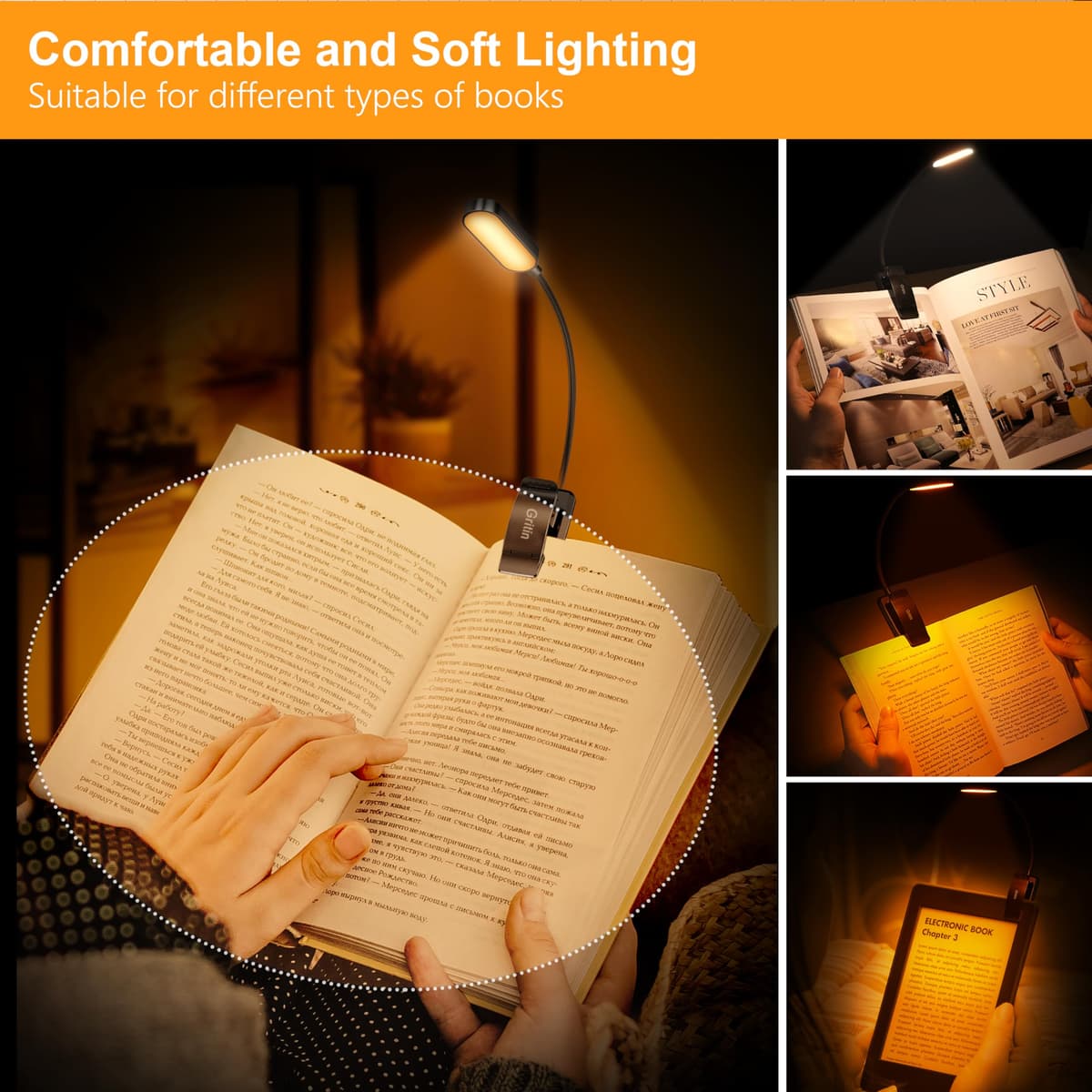 Gritin 16 LED Reading Light, Book Light 3 Eye-Protecting Modes Book Lamp (White/Amber/Mixed) - Stepless Dimming, Rechargeable, Long Battery Life, 4-Level Power Indicator, Flexible Clip on Book Light — view 4