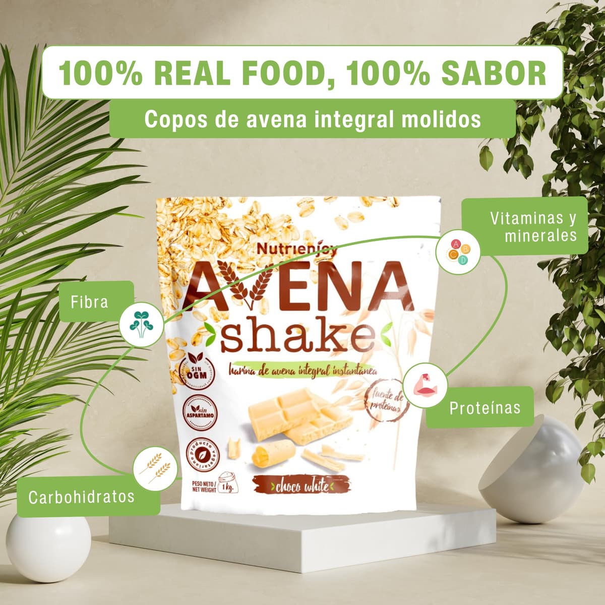NutriEnjoy - Avena Shake 1Kg | Copos de Avena Integral Molidos | Harina de Avena Sabores | Avena en Polvo | Harina de Avena Integral | Avena Instantánea Sabores Deliciosos (Chocolate Blanco) — view 2