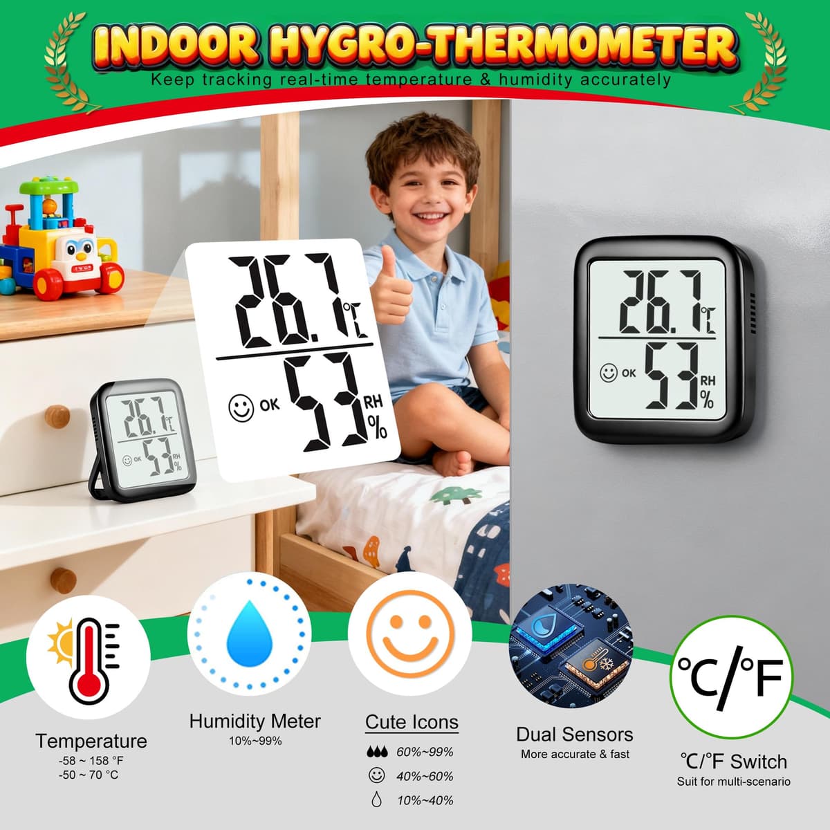 Antonki 2 Pack Room Thermometer for Home Indoor Hygrometer Humidity Meter Gauge Digital Temperature and Humidity Sensor Monitor for House Terrarium Incubator Greenhouse - Battery Included — view 3