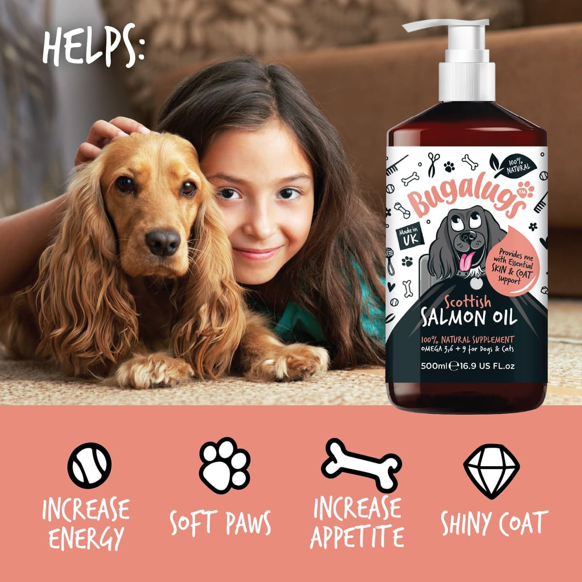 Bugalugs Scottish Salmon Oil For Dogs & Cats, Dog Supplement Support for Skin And Coat, Itchy Skin & Moulting, Omega 3 Fish Oil (Salmon, 500ml) — view 9