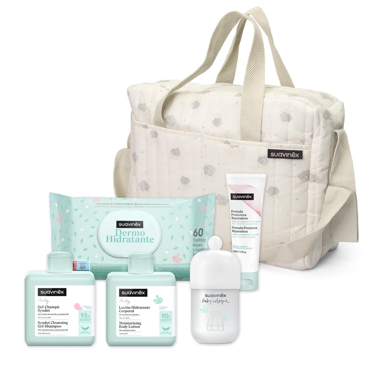 Suavinex, Bolso Carro Bebé con Cosmética: Gel Champú Syndet 300 ml + Loción Hidratante 300 ml + Pomada Pañal 50 ml + Baby Cologne 100 ml + Toallitas 60 Uds. Regalo Recién Nacido, Canastilla Bebé, Rosa — view 8