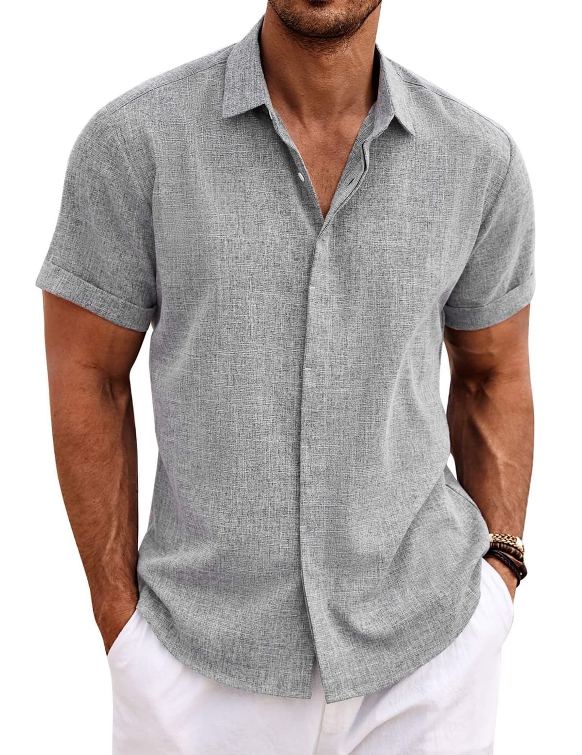 COOFANDY Men's Linen Shirts Short Sleeve Casual Shirts Button Down Shirt for Men Beach Summer Wedding Shirt — view 22