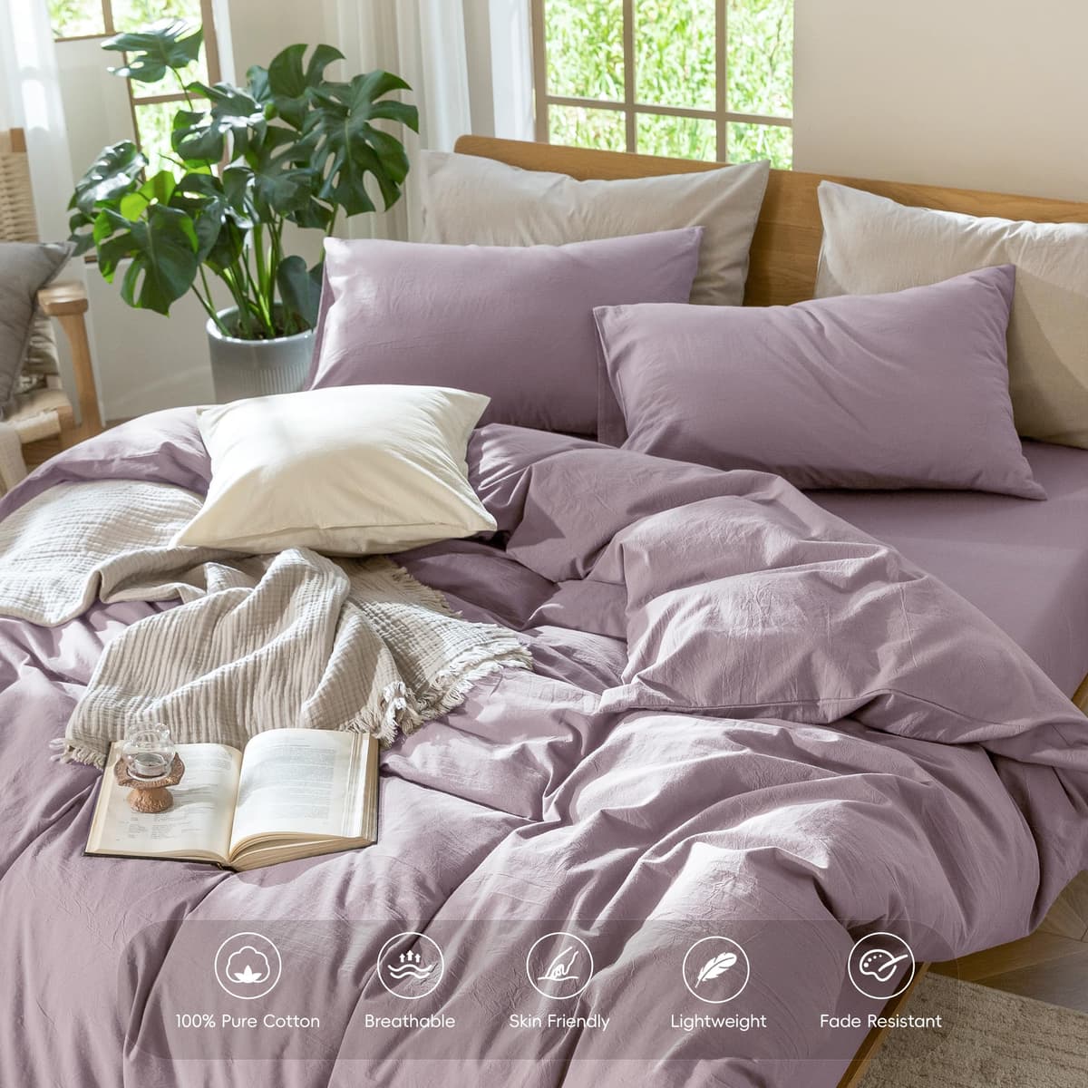 MooMee Bedding Duvet Cover Set 100% Washed Cotton Linen Like Textured Breathable Durable Soft Comfy (Tannish Linen Grey, King) — view 114