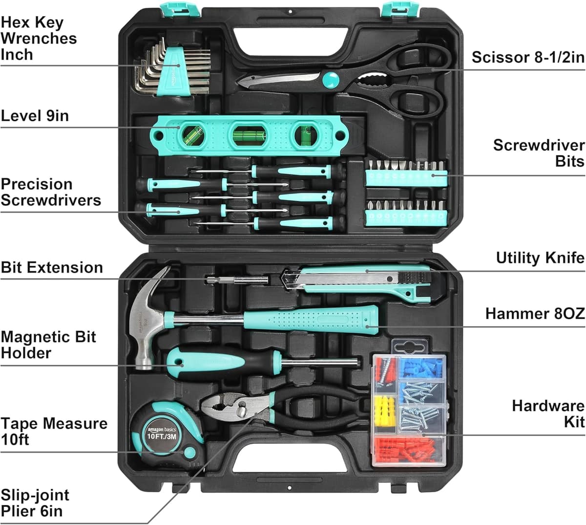 Amazon Basics - Kit de herramientas para el hogar con estuche, 142 unidades, Azul Turquesa, 34 x 23,5 x 7,5 cm — view 2