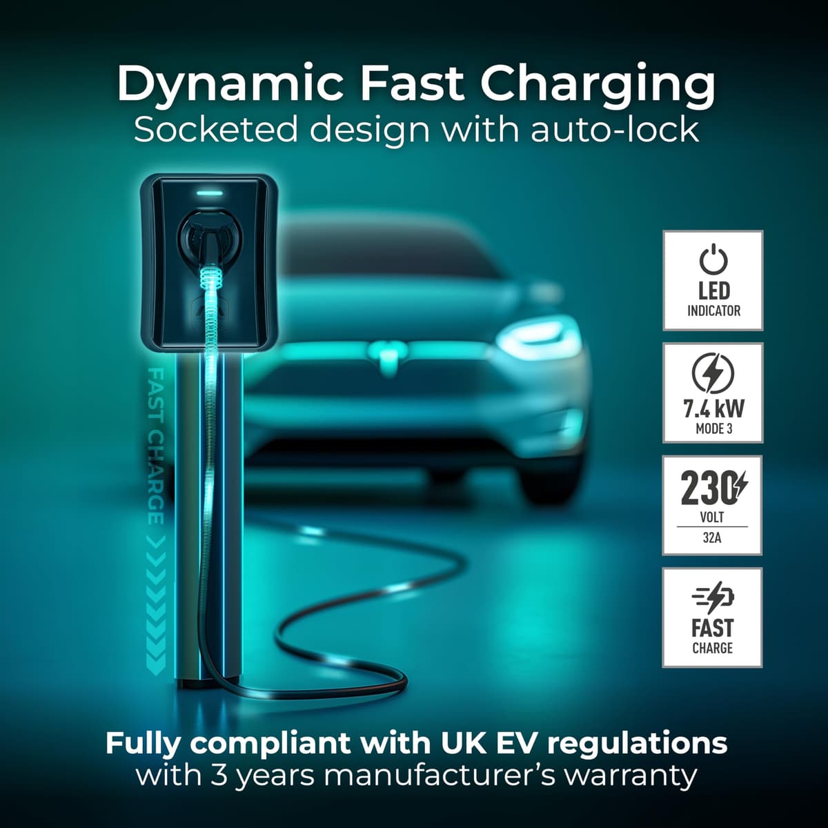 Masterplug Smart EV Home Wall Charger for Type 2 Electric and Plug-In Hybrid Vehicles, Socket Only, Mode 3, Auto-Lock, Solar Charging, Single Phase, Wi-Fi, Black, IP55, 7.4kW, 32A, EVCM3SS7B-MP — view 2