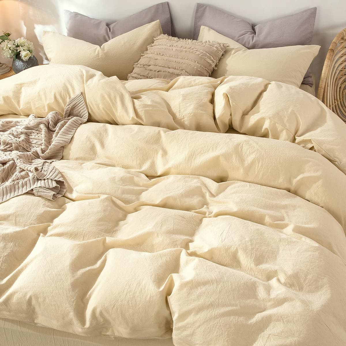 MooMee Bedding Duvet Cover Set 100% Washed Cotton Linen Like Textured Breathable Durable Soft Comfy (Tannish Linen Grey, King) — view 123