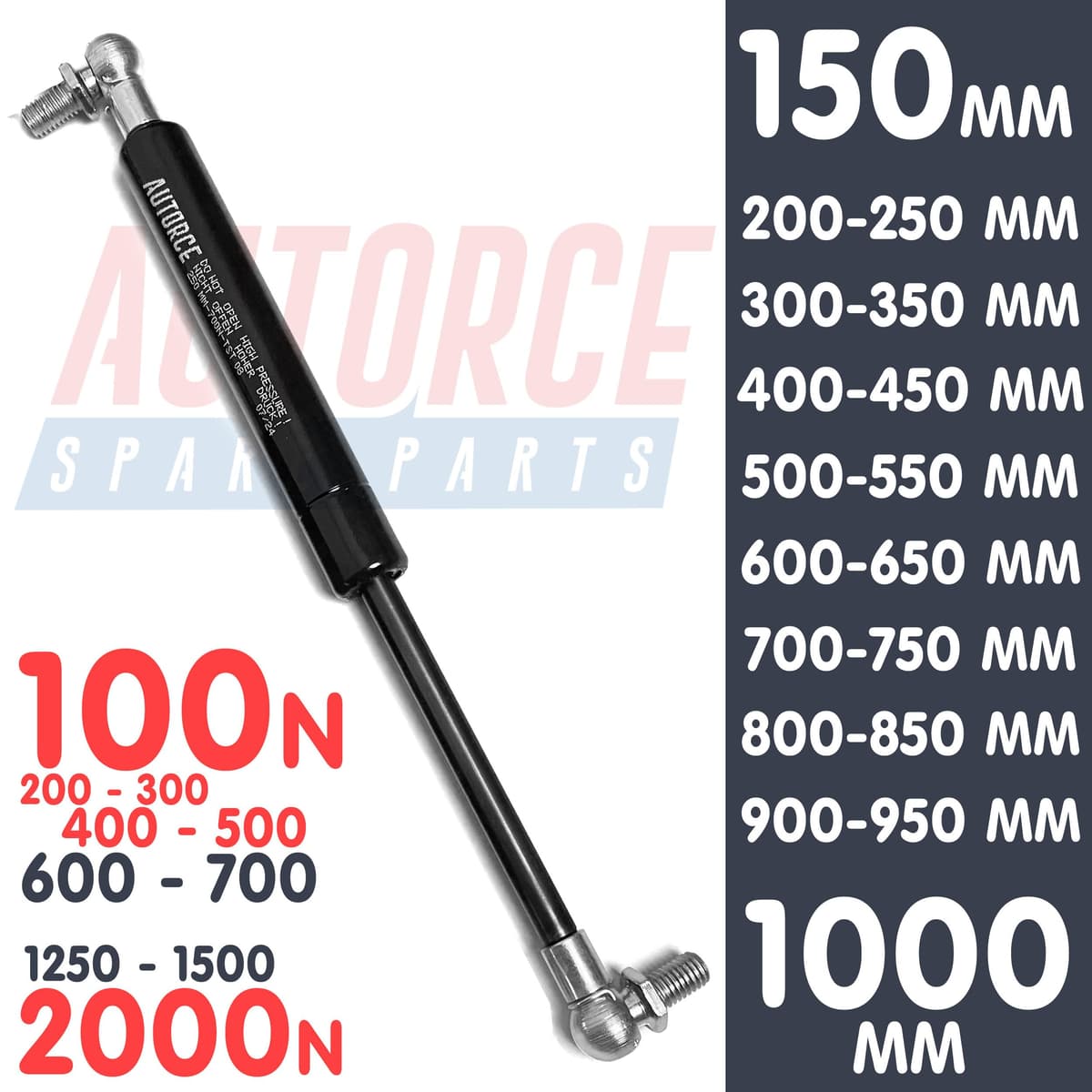 Universal Gas Struts Springs Heavy Duty Shock Absorber With BALL JOINT Heads Force From 100N to 2000N, Open Length From 150MM to 1000MM AUTORCE Lift Support System (300MM, 300 N) — view 5