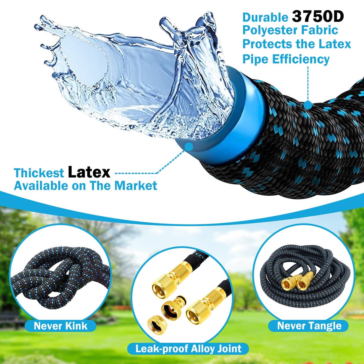 Expandable Garden Hose - Upgraded 3-Layer Latex Hose Pipe 50ft 15m Leak-Proof, Expanding Hose with Spray Gun, Stretchy Magic Hose with Fittings,No-Kink Flexible Water Hose for Garden,Pet,Car Cleaing — view 2