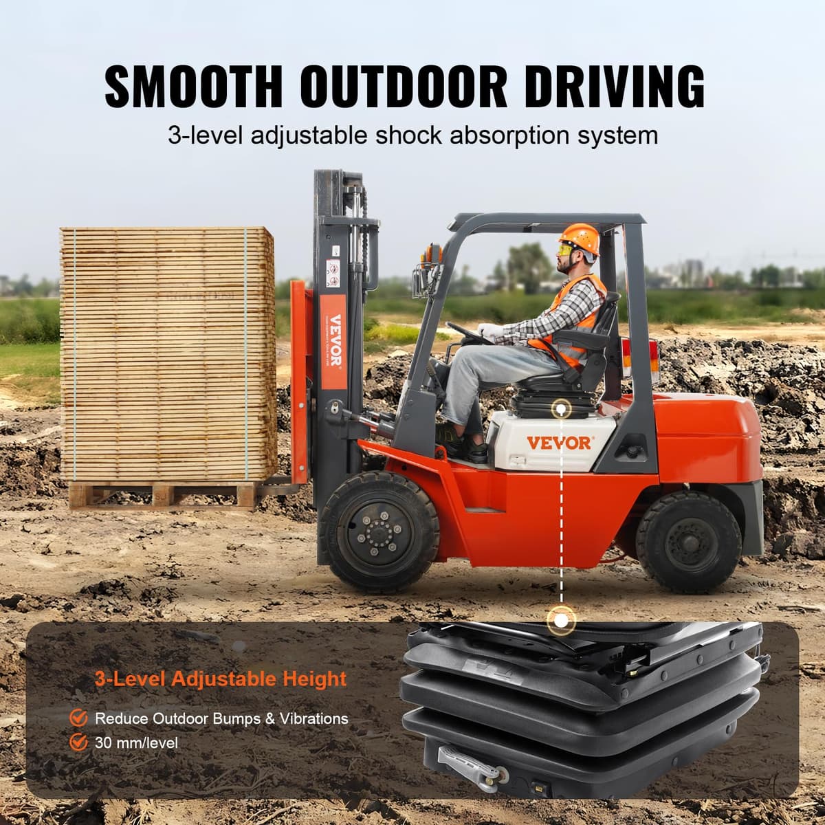 VEVOR Asiento Universal para Carretilla Elevadora Asiento de Tractor Plegable Respaldo Ajustable con Cinturón de Seguridad Reposabrazos 3 Niveles Absorción de Impactos para Cargadora Excavadora — view 3