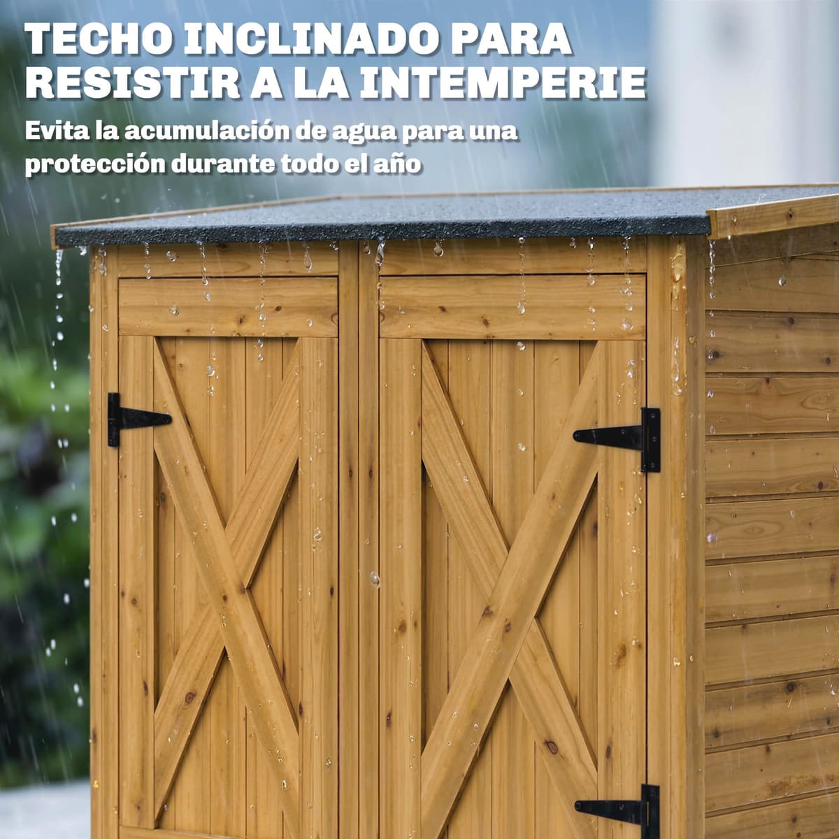 Outsunny Caseta de Jardín de Madera 115x53x156 cm, Cobertizo Jardín Exterior, Armario Exterior para Herramientas con Puertas Dobles con Pestillo, 2 Estantes y Techo Inclinado, Resistente, Marrón — view 4