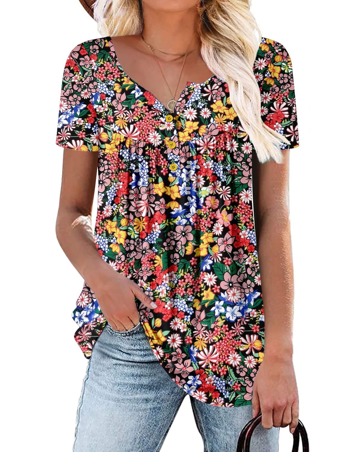 KISSMODA Ladies Pleated Tunic Tops for Women Buttons up Long Sleeve Shirts Floral Print — view 34
