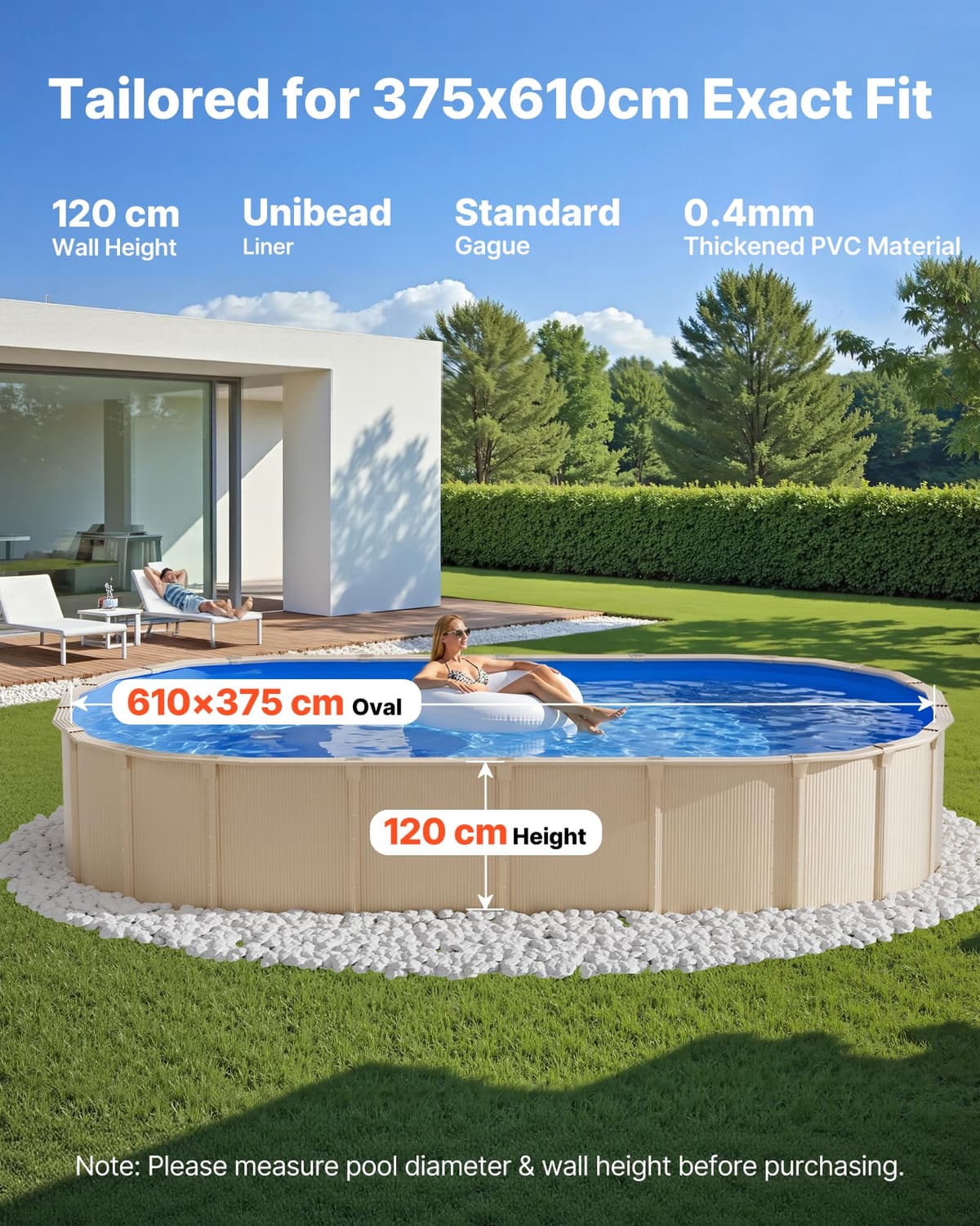 VEVOR Revestimiento para Piscina Ovalada PVC, Liner para Piscinas Elevadas Ovaladas de 375 x 610 cm, Grosor 0,4 mm, Altura de Pared 120 cm, Resistente al Desgarro, Frío y Sol para Exterior y Jardín — view 2