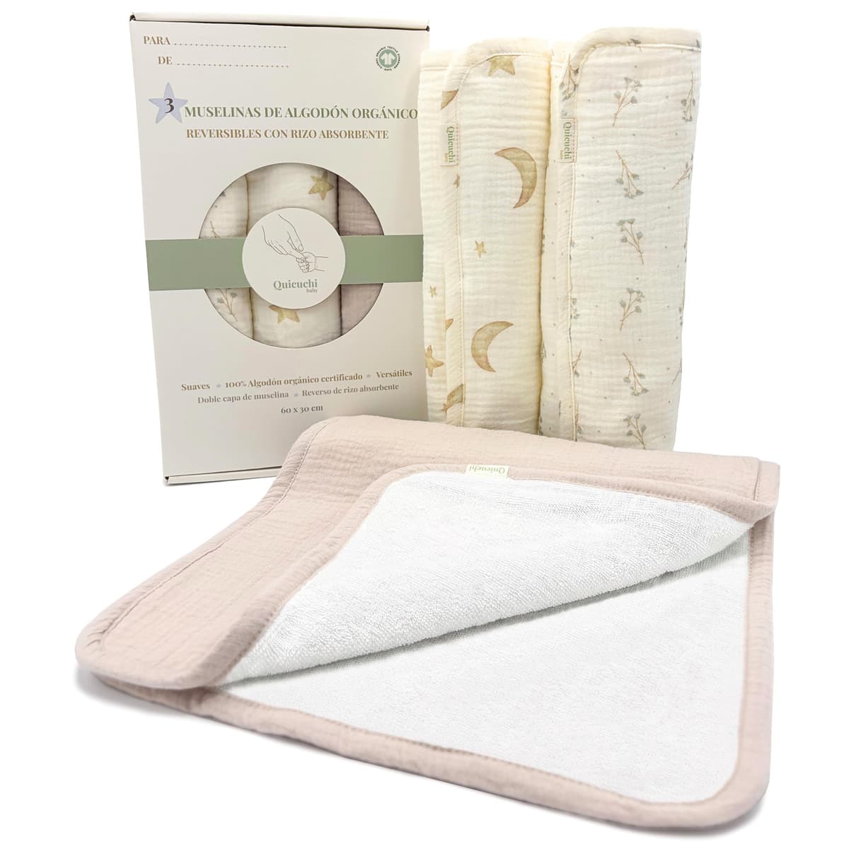 Pack de 3 Muselinas bebé algodón 100% orgánico Gots 60x30cm- Gasas de Muselina Suaves y Rizo Absorbente- Salvababas bebés Multiusos- Regalos para recién Nacidos niño y niña (Beige)