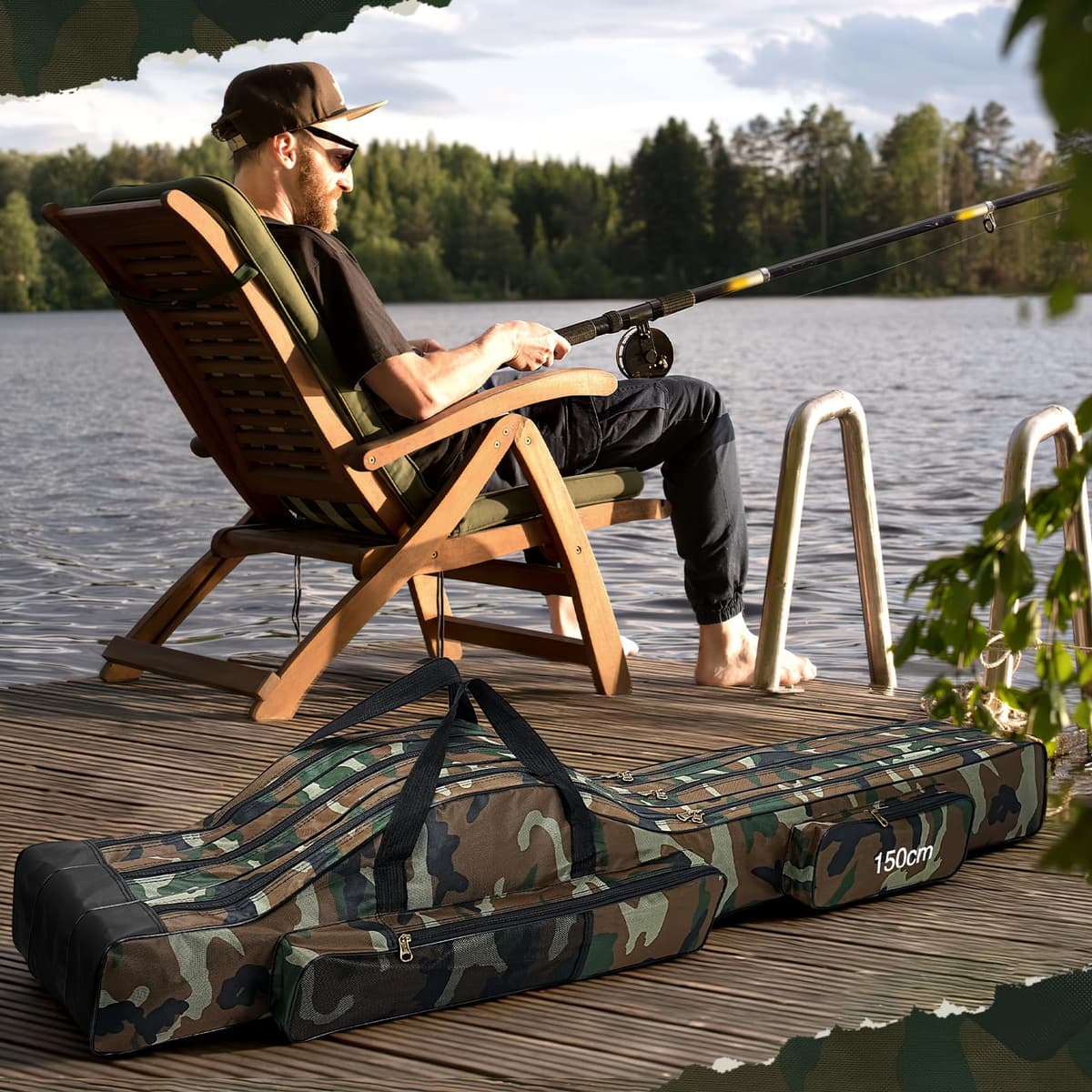 Lomffy Bolsa para Caña de Pescar Portátil, 150cm Plegable Alta Capacidad Bolsa de Almacenamiento para Caña de Pescar con 3 Capas Impermeable Duradero Bolsa de Transporte para Caña de Pescar (Marrón) — view 6