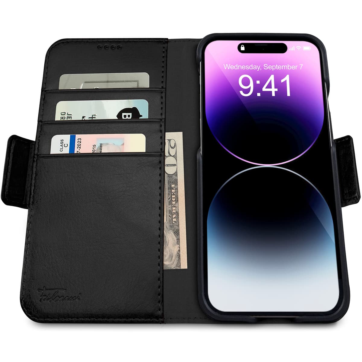 dreem 3-in-1 Wallet Case for iPhone 14/16e/17e | Built-In Kick-Stand, Magnetic Detachable Vegan Leather Flip Cover with RFID Blocking Card Holder, MagSafe Compatible, Gift Box [Fibonacci: Black] — view 2