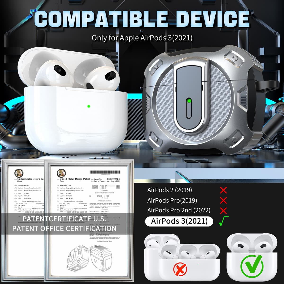 RFUNGUANGO Compatible with AirPods 3 Case with Cleaner Kit, 2024 New Space-themed Military Hard Shell Protective Armor with Lock Compatible with AirPod Gen 3 Charging Case 2021,Cosmos-Silver — view 5
