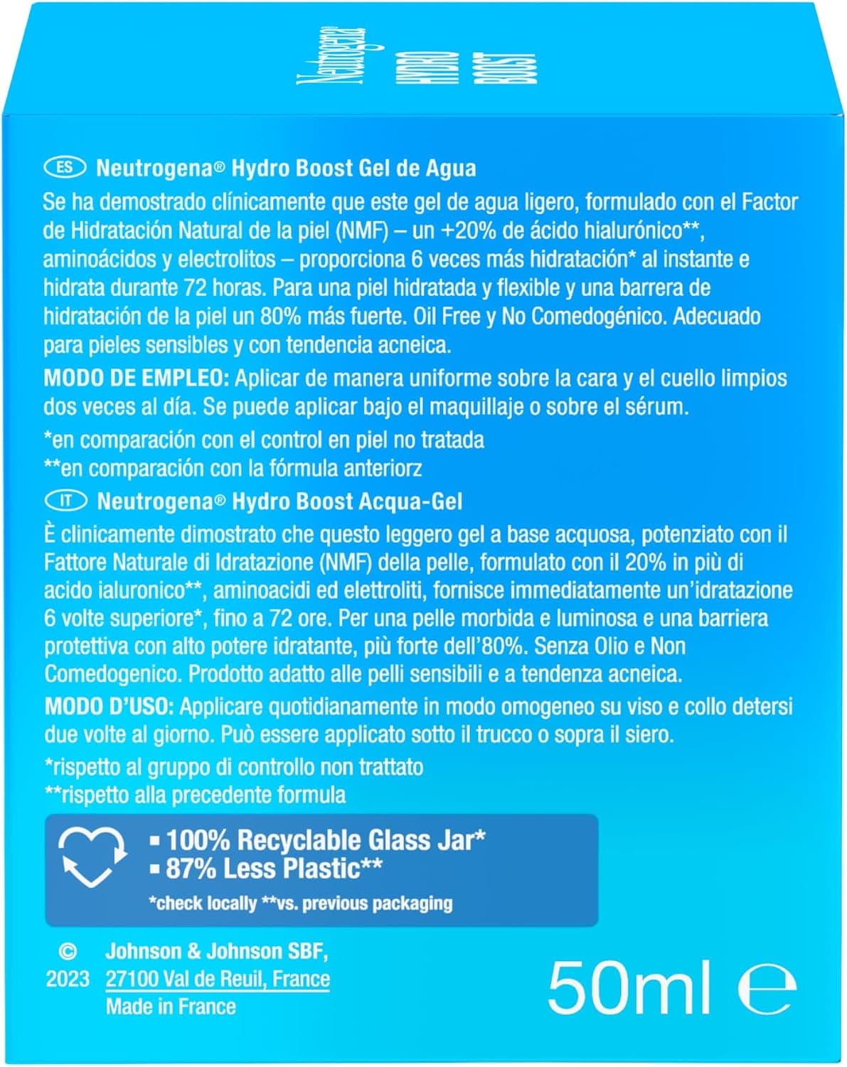 Neutrogena Hydro Boost Gel de agua (50 ml), gel hidratante facial con ácido hialurónico y aminoácidos, 72 horas de hidratación, fórmula no grasa, para piel normal o mixta