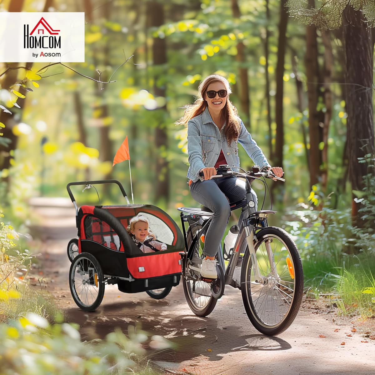HOMCOM 2 Seat Bike Trailer for Kids, Baby Bike Stroller with 5 Point Harness, Child Bicycle Trailer with Safety Flag, Reflectors, Windproof Curtain, for 18+ Months, Red — view 2